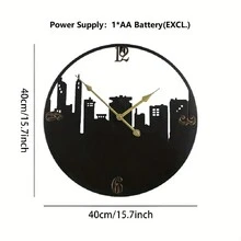 1pc European Style City Silhouette Iron Art Wall Clock, Black Round Simple Silent Clock For Office And Living Room Decoration - View 2