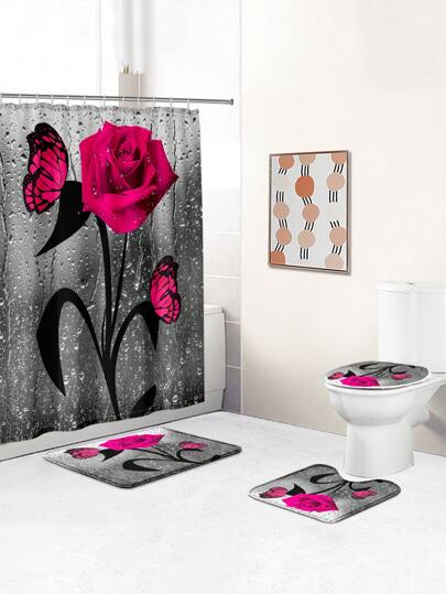 1pc/4pcs Water Drop Pink Roses And Butterflies Polyester Waterproof And Insulated Home Decoration Bathroom Shower Curtain With 12 Hooks Bathroom Anti-Slip Mat U-Shaped Floor Mat And Round Toilet Seat Mat Bathroom Set For All Scenes Use Home Bathroom Decor Fall Decor Bathroom Accessories Back To School
