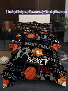 時尚籃球和手柄數字印刷床上用品套裝,3件套（被套和枕套） - 黑色 - 查看 1
