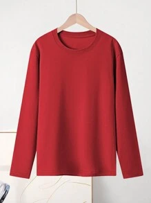 女款跑步上衣長袖純色圓領襯衫休閒運動透氣舒適下裝健身運動瑜珈服女裝 - 紅色 - 查看 1