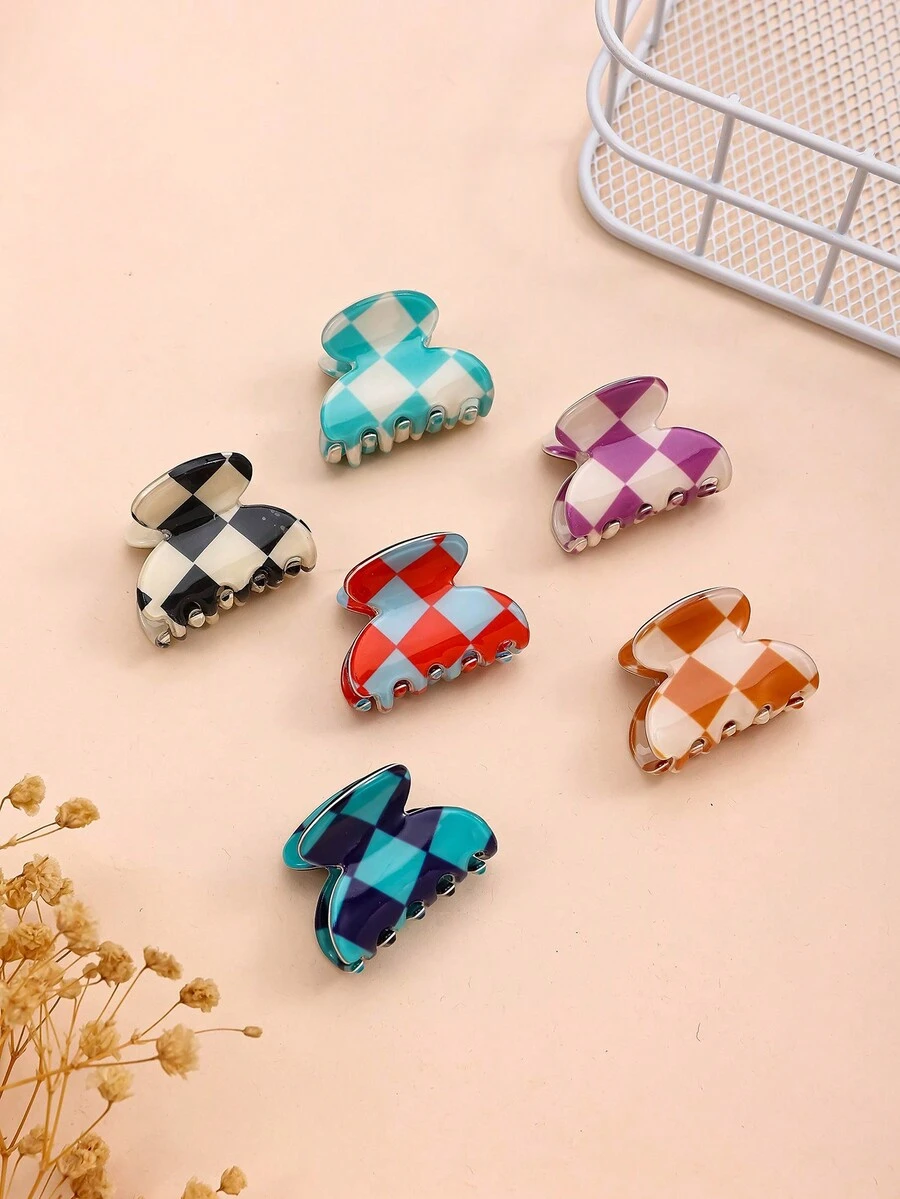6pcs Mini Two Tone Plaid Women'S Hair Claw - Multicolor - View 1