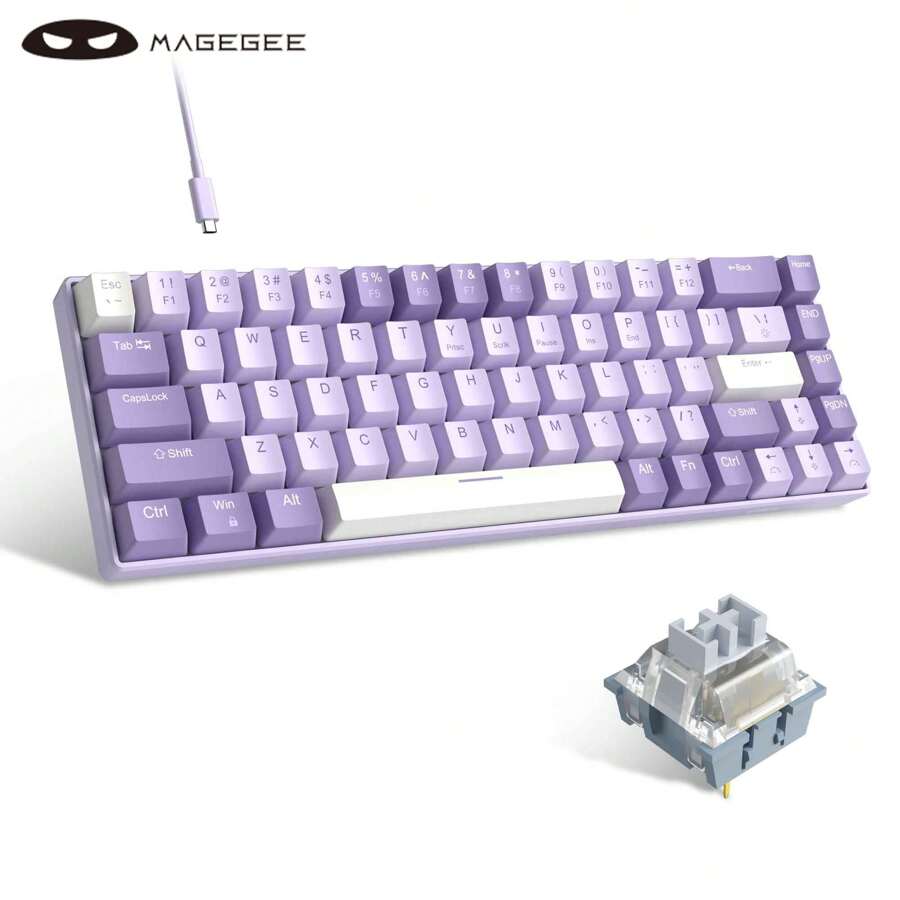 Magegee-box 60% Rgb熱插拔機械游戲鍵盤,配備自定義藍鯨開關的小型緊湊型68鍵機械鍵盤,支援雙系統與windows筆記本、平板電腦的兼容性,適用於遊戲玩家（薰衣草色）