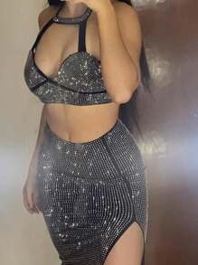 Sexy Top & Falda Brillosa - Negro - Ver 3