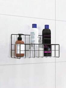 1pc Wrought Iron Hollow Out Rectangle Wall-Mounted Storage Shelf, No-Drilling Required, Suitable For Wash Basin, Bathroom, Kitchen - Black - View 1