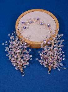 1條豪華水晶和鑽石柔軟鏈頭飾,帶有紫色珍珠珠子,用於新娘髮飾,舞會、婚禮、派對 - 紫色 - 查看 1