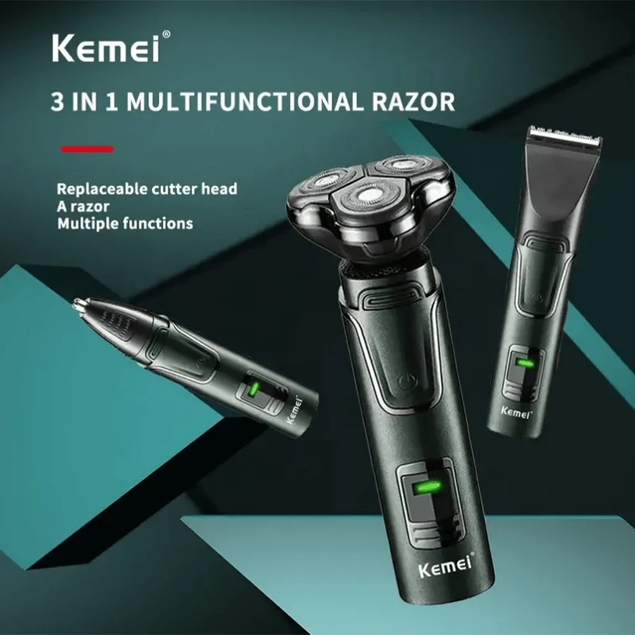 Kemei Km-2808 跨境新款理髮器鼻毛修剪器3合1可水洗可充電電動剃刀男士全身修護必備 - 綠色 - 查看 1