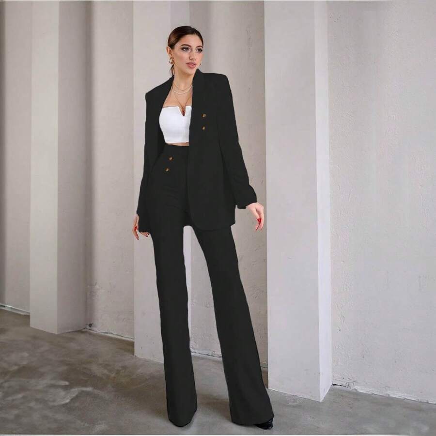 Hermoso traje dos pieza saco y pantalon con adorno de botones - Negro - Ver 1