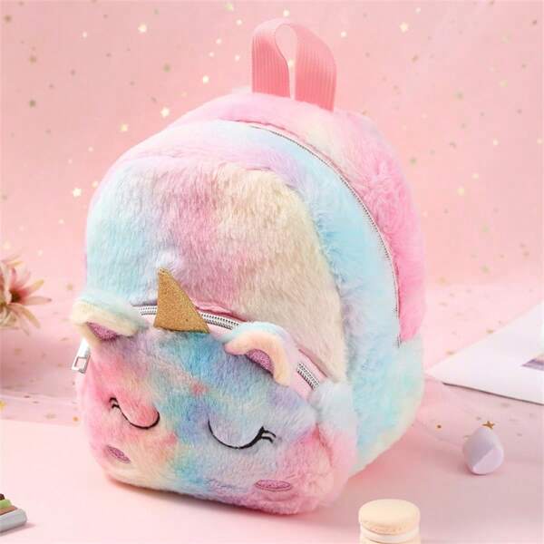 Casual Plush Unicorn Backpack, Cartoon Style Plush Shoulder Bag For School Or Travel