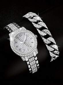 2入組歐美風格嘻哈風14mm手鍊石英手表和手鍊套裝,鑲有鋯石裝飾 - 銀色 - 查看 7