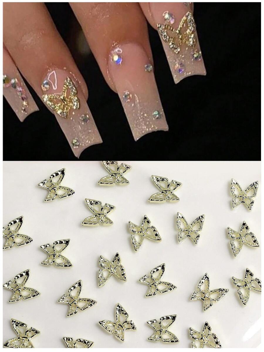 20Pcs Gold-Color Butterfly Nail Charm 3D Nail Art Rhinestone Insect Decoration Nail Diy Supplies Nail Charms Nail Gems Nails - Gold - View 1
