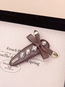 1入女士多色鑲鑽蝴蝶結pu皮時尚髮夾,適合日常佩戴 - 彩色 - 查看 5