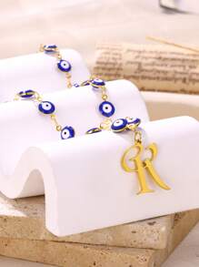 1pc Gold Stainless Steel Blue Evil Eye Initial A-Z Pendant Necklace Suitable For Women, Festival Gift