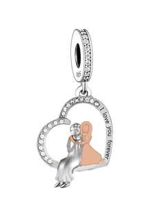 1個具有925銀材質的心形珠子,印有祖母和孫女樣式的diy項鍊吊墜,作為一份紀念品和生日禮物