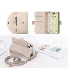 1 件装翻盖手机壳,配有可拆卸肩带,时尚 PU 皮革斜挎包,轻便的单肩包/斜挎包,配有卡槽和零钱袋,全保护手机壳 - 杏色 - 查看 3