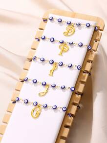 1pc Gold Stainless Steel Blue Evil Eye Initial A-Z Pendant Necklace Suitable For Women, Festival Gift