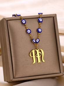 1pc Gold Stainless Steel Blue Evil Eye Initial A-Z Pendant Necklace Suitable For Women, Festival Gift