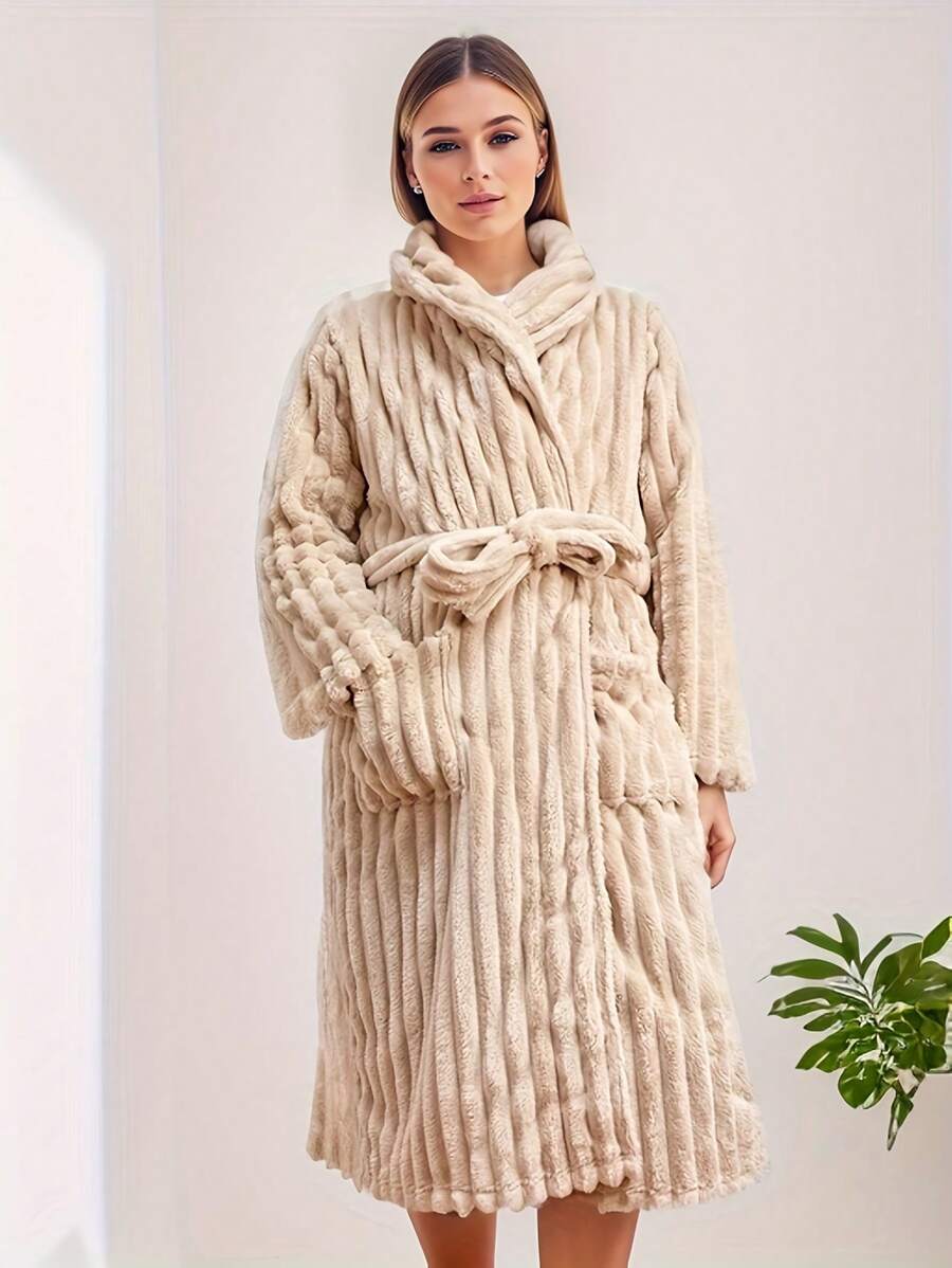 Women's Winter Coral Fleece Robe With Long Sleeves, Warm And Comfortable Bathrobe For Home - Ginger - View 1