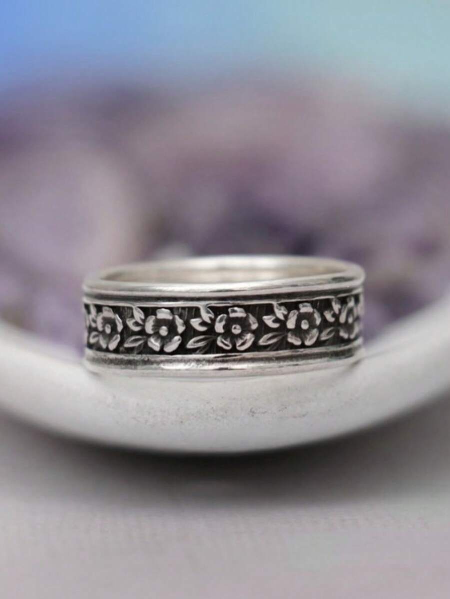 1枚復古風格花卉設計女裝裝飾戒指,適合派對、日常穿著、紀念日、生日禮物 - 銀色 - 查看 1