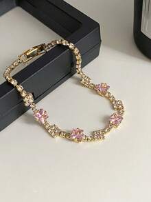 1只豪華款粉色方形立方氧化鋯手鍊,獨特設計和高端感覺,情人節完美禮物 - 粉色 - 查看 8