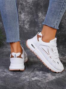 女士輕便休閒Ins風運動厚底深口運動鞋，前綁帶設計 - 卡其色 - 查看 6