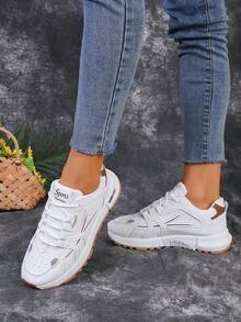 女士輕便休閒Ins風運動厚底深口運動鞋，前綁帶設計 - 卡其色 - 查看 4