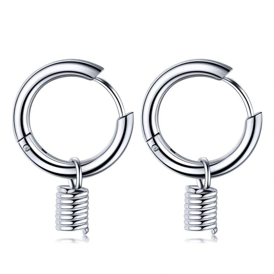 1pair Korean Version Fashionable Titanium Steel Earrings, Simple Hip Hop Rock Style, Versatile Daily Jewelry - Silver - View 1