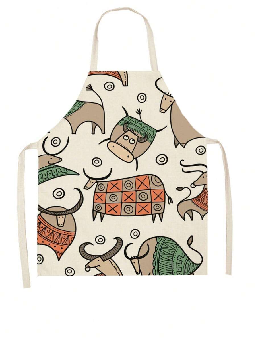 1pc Fashionable Cow Printed Linen Apron - Yellow - View 1