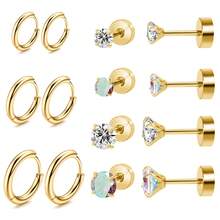 7對時尚金色和銀色不銹鋼耳環套裝,適合男女日常佩戴,經典銀色耳環、立體方形耳環、環型耳飾、花式軟骨耳環曲線、情侶禮物、女性禮物、朋友禮物、女友禮物 - 銀色耳環耳環套裝(黑色石頭) - 查看 16