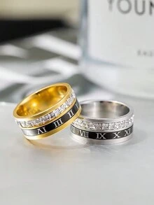 1枚時尚羅馬數字雙環設計鈦鋼戒指,鑲嵌立方氧化鋯,可旋轉,男女適用,日常佩戴 - 銀色 - 查看 6