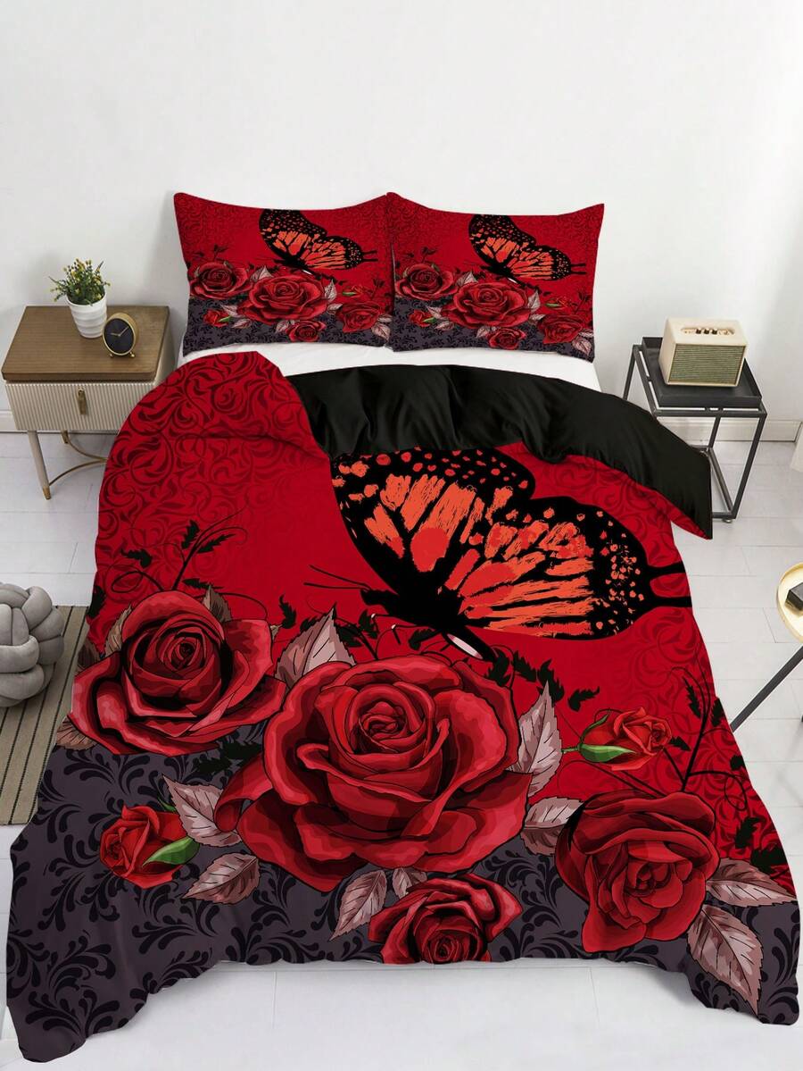 3 件套浪漫花卉圖案羽絨被套套裝,玫瑰花蝴蝶印花床上用品套裝柔軟舒適羽絨被套帶枕套,適用於臥室、客房（1 * 羽絨被套 + 2 * 枕套,無芯） - 彩色 - 查看 1