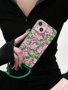 1pc Vintage Floral & Green Leaf Pattern Phone Case With 1pc Crossbody Shoulder Strap, 1pc Pink Lens Ring & 2pcs Hang Ropes & Tpu Soft Cover Compatible With Iphone 15pro Max/11/12/13/14plus - Multicolor - View 4