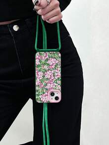 1pc Vintage Floral & Green Leaf Pattern Phone Case With 1pc Crossbody Shoulder Strap, 1pc Pink Lens Ring & 2pcs Hang Ropes & Tpu Soft Cover Compatible With Iphone 15pro Max/11/12/13/14plus - Multicolor - View 1