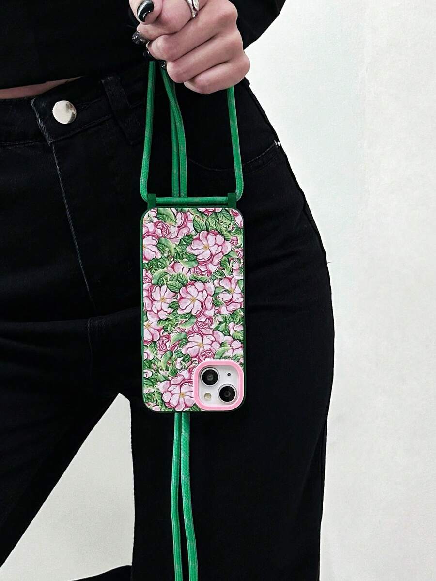 1pc Vintage Floral & Green Leaf Pattern Phone Case With 1pc Crossbody Shoulder Strap, 1pc Pink Lens Ring & 2pcs Hang Ropes & Tpu Soft Cover Compatible With Iphone 15pro Max/11/12/13/14plus - Multicolor - View 1