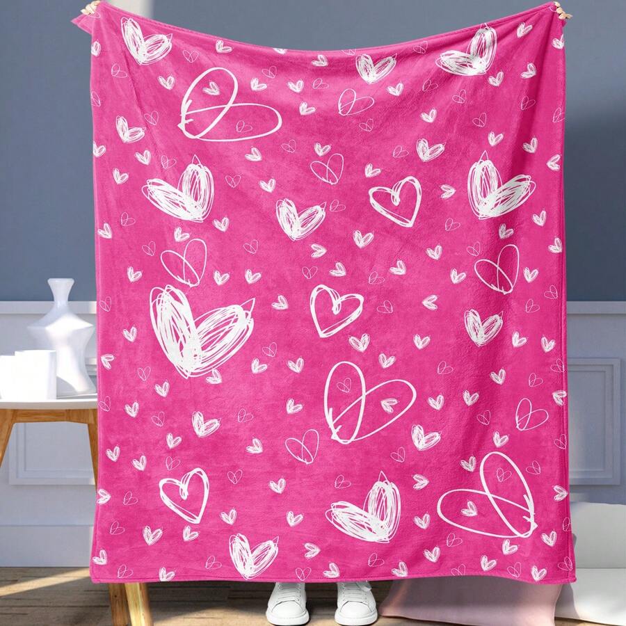 1入組情人節新數位印花法蘭絨毛毯,心形/汽車/小矮人圖案,舒適暖和的休閒毛毯,適用於辦公室/家庭