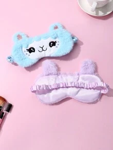 2入組女生用聚酯纖維毛絨睡眠眼罩,可愛貓咪刺繡動物設計,適合冬季休息和穿戴 - 藍色 - 查看 5