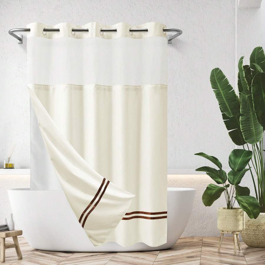 River Dream Shower Curtain With Snap In Liner,No Hooks Needed Shower Curtain For Bathroom,Hotel Grade,Machine Washable,71" Wx74" H, White And Black Stripe And Magnet - Sọc màu be & nâu - Xem 1