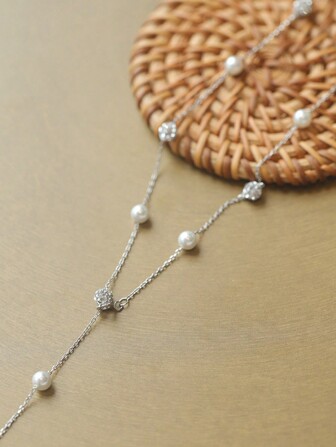 1pc Unique & Elegant & Personalized Y-Shaped Faux Pearl & Rhinestone Decor Necklace For Women, Party Gift, S925 Holiday