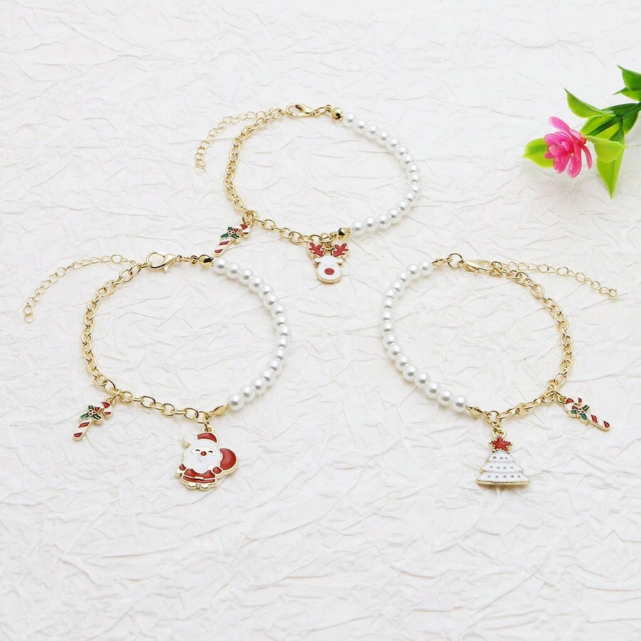 3 件裝時尚聖誕手鍊,人造珍珠珠手鍊,適合女士,聖誕禮物 - SD060 - 查看 1