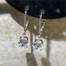S925 纯银圆形方晶锆石经典四爪耳环，高品质女士珠宝