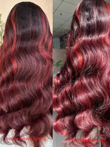 T形鉤花邊前13*4.5*1波浪捲26吋合成纖維女士長中分假髮帽 - 酒紅色 - 查看 8