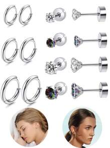 7對時尚金色和銀色不銹鋼耳環套裝,適合男女日常佩戴,經典銀色耳環、立體方形耳環、環型耳飾、花式軟骨耳環曲線、情侶禮物、女性禮物、朋友禮物、女友禮物 - 銀色耳環耳環套裝(黑色石頭) - 查看 9