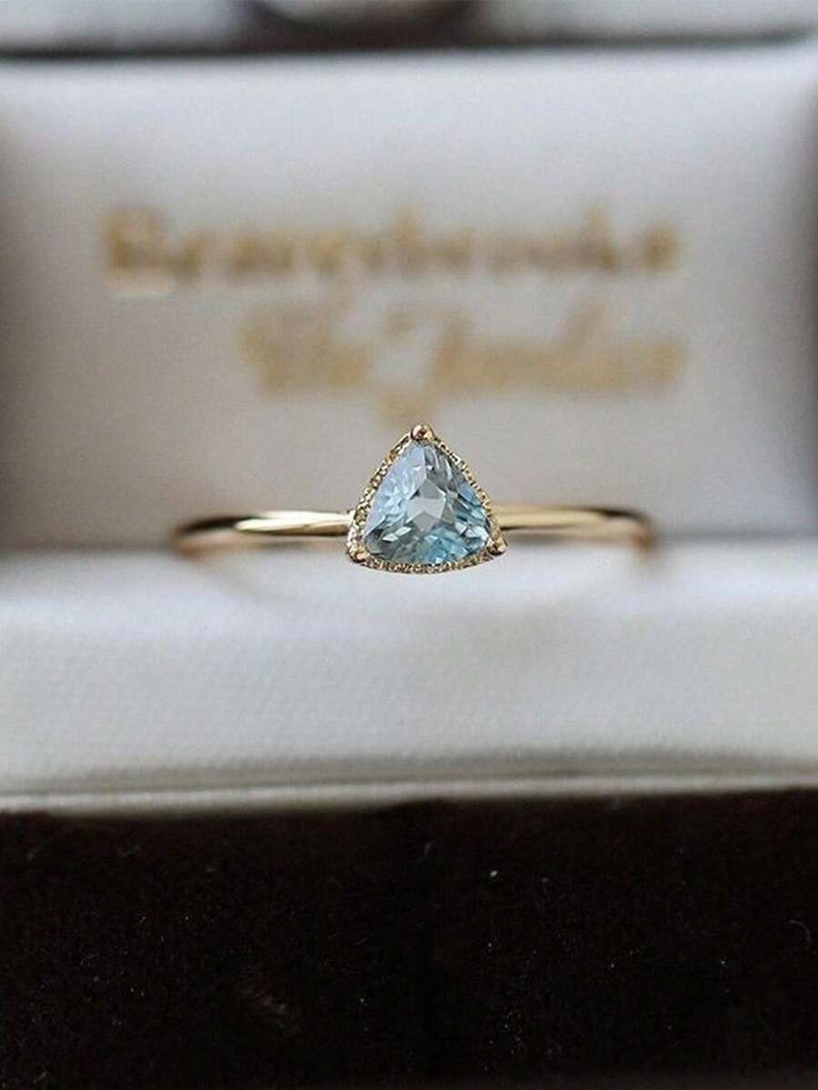 1 Máy Tính Sang Trọng Đơn Giản S925 Bạc Xanh Dương Đính Đá Cubic Zirconia Tam Giác Trái Tim Màu Vàng Nhẫn Cho Nữ dành Cho Cặp Đôi - Vàng - Xem 1