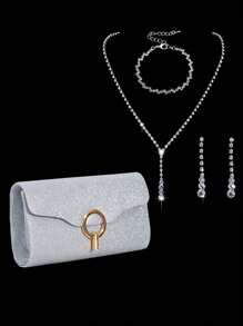 女士派對優雅鎖裝飾晚宴包手拿包鏈條單肩包禮服包水鑽耳環項鍊手鍊套裝 - 銀色 - 查看 1