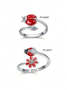 H Z JEWERLY 1 Stylish And Simple Decorated Platinum-Plated Cold Enamel Craft Love You Forever Insect Element Beetle & Flower Ring Suitable For Daily Wear By Women, Holiday Parties, Thanksgiving, And Gifts For Loved Ones - Multicolor - View 1