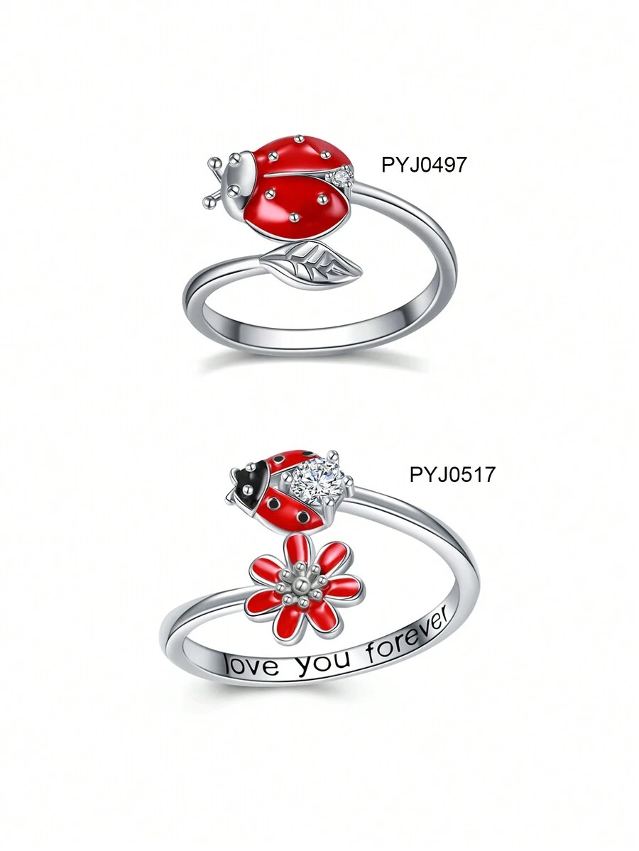 H Z JEWERLY 1 Stylish And Simple Decorated Platinum-Plated Cold Enamel Craft Love You Forever Insect Element Beetle & Flower Ring Suitable For Daily Wear By Women, Holiday Parties, Thanksgiving, And Gifts For Loved Ones - Multicolor - View 1
