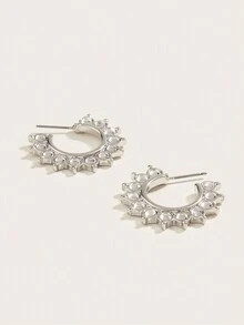 1 Par Pendientes De Aro Con Diseño De Remaches Incrustados En Diamantes De Imitación Estilo Hip-hop C - Plateado - Ver 3