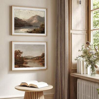 Set Of 2 Vintage Autumn Rustic Landscape Painting Lake Mountain Forest Farmhouse Fall Retro Art Poster Canvas Print Wall Picture For Living Room,Bedroom,Modern Home Decoration,Unframed