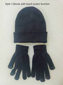 1入組純色無邊針織帽子和隨機款式手套套裝,適用於日常使用,保暖效果優異 - 黑色 - 查看 2