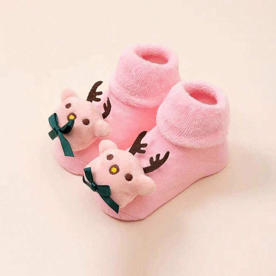 1對糖果色增厚絨毛寶寶襪,適用於秋冬季,防滑地板日常穿著襪 - 粉色 - 查看 1