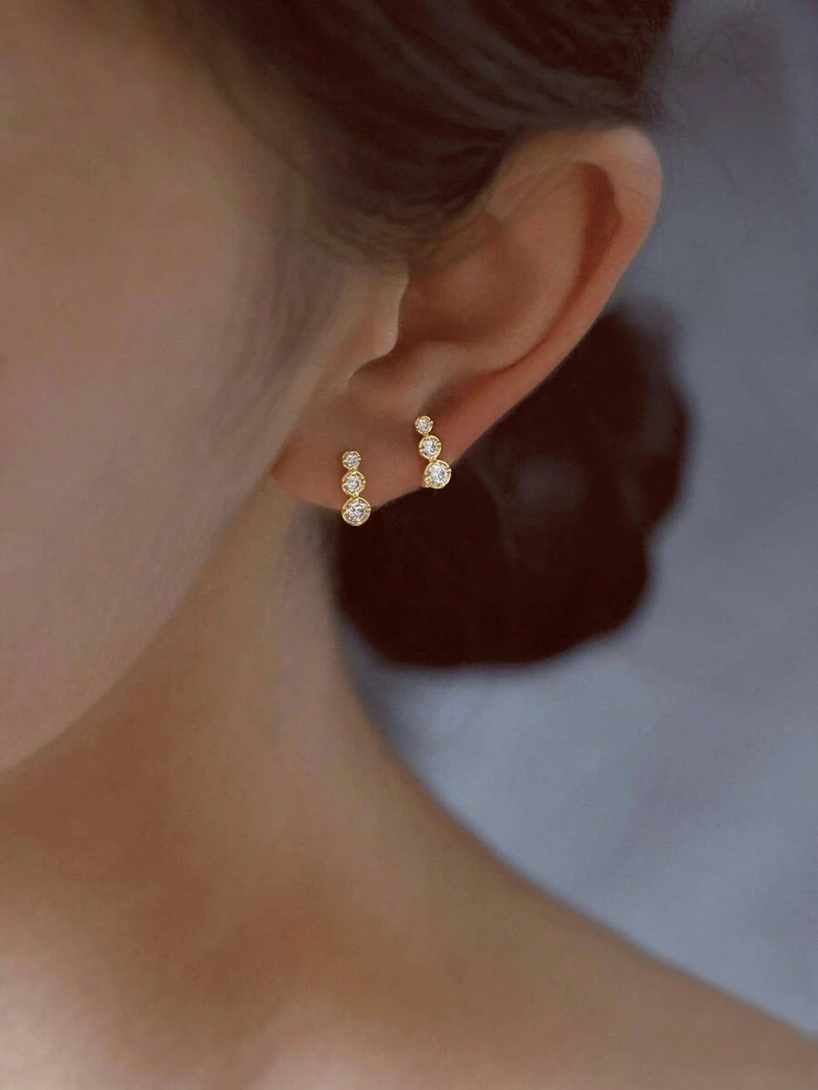 1對簡約款式s925純銀鑲鋯石耳環,時尚百搭日常通勤耳釘,送禮佳品 - 金色 - 查看 1